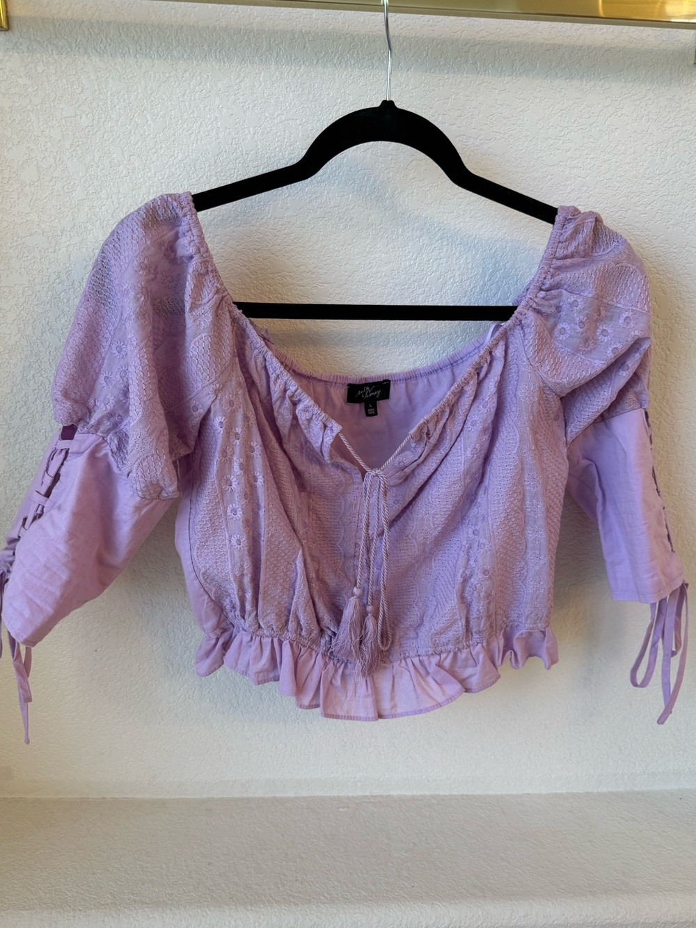 Milk & Honey Cropped Lavender Peasant Crop Top with Tie Front - Women